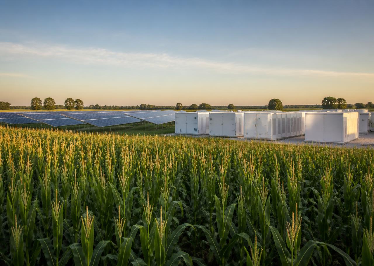 Solar panels and battery storage beside a Midwestern corn field